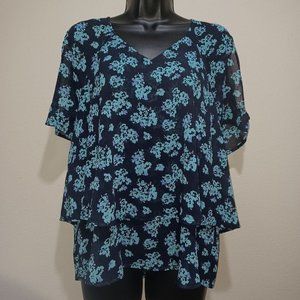 Juicy Couture Blue Floral Cold Shoulder Tiered Peplum Blouse Size L